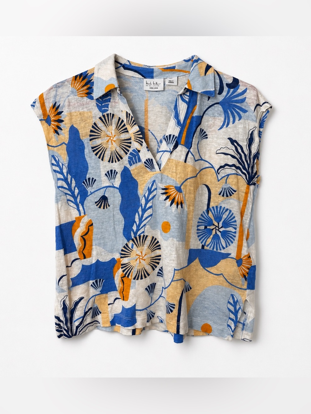 Nicole Miller 100% Linen Blue Floral Tropical Print Cap-Sleeve Collar Top Size S